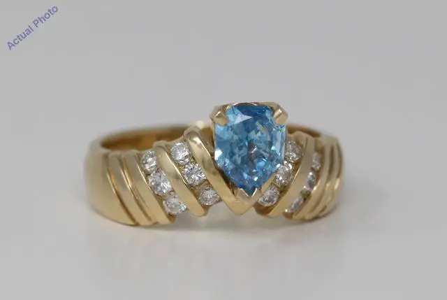 Alt view image 4 of 4 - 18k Yellow Gold Pear & Round diamond shape engaagement ring with set shoulders(0.75 ct, Blue(Treated), I1)