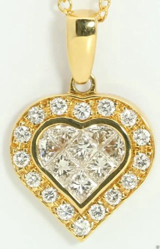 Alt view image 2 of 3 - 18k Yellow Gold Princess & Round heart elegant modern classic dress diamond pendant(1.05 ct, H, VS)