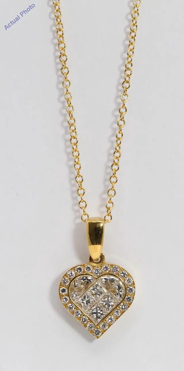 Main image of 18k Yellow Gold Princess & Round heart elegant modern classic diamond pendant with set bezel(1.02 ct, H, SI)
