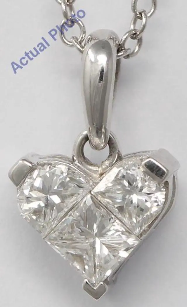 Alt view image 2 of 3 - 18k White Three Stone Princess Invisible heart dainty elegant motif classic diamond pendant(0.78 ct, H, VS)