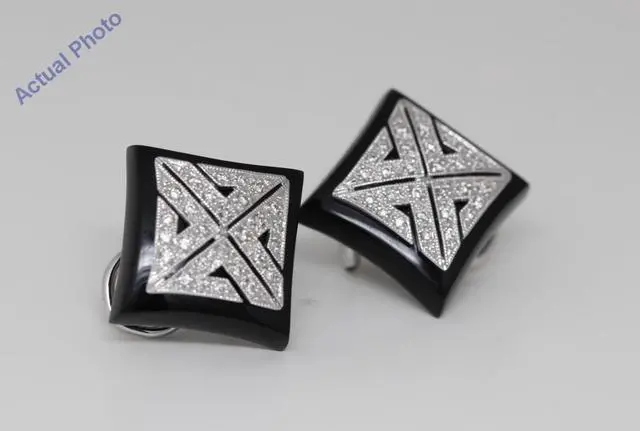 Main image of 18k White Gold Princess Art Decor style square black enamel diamond set earrings (0.6 Ct, H , SI )