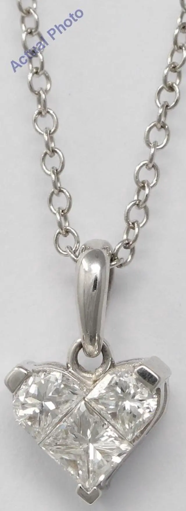 Alt view image 3 of 3 - 18k White Three Stone Princess Invisible heart dainty elegant motif classic diamond pendant(0.78 ct, H, VS)