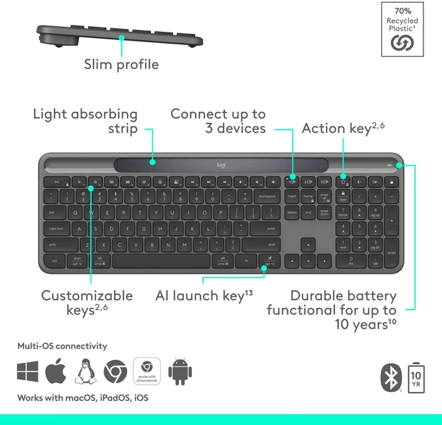 Alt view image 7 of 7 - Signature Slim Solar+ K980 Wireless Bluetooth Keyboard, Universal | Recharge by solar and artificial light, up to 10 years battery life, Bluetooth, full size keyboard, for Windows, Mac, Android