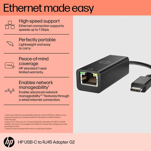 Alt view image 2 of 4 - USB-C to RJ45 Adapter G2 (4Z527AA) - USB Type C - 1 Gbit/s Data Transfer Rate - 1 Port(s) - 1 - Twisted Pair - 1000Base-T - Portable