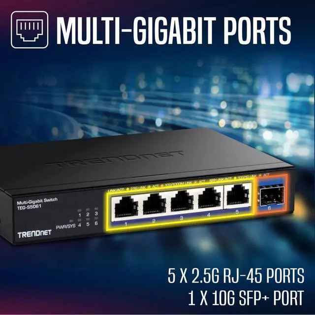 Alt view image 3 of 7 - 6-Port Unmanaged 2.5G Switch with 10G SFP+Port, TEG-S5061, 5 x 2.5GBASE-T Ports, 45Gbps SwitchingCapacity, Fanless, Wall Mountable,Lifetime Protection,Black