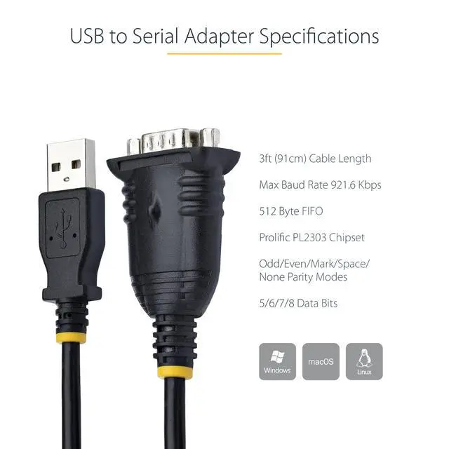 Alt view image 6 of 7 - 3ft (1m) USB to Serial Cable, DB9 Male RS232 to USB Converter, Prolific IC, USB to Serial Adapter for PLC/Printer/Scanner/Switch, USB to COM Port Adapter, Windows/Mac (1P3FP-USB-SERIAL)