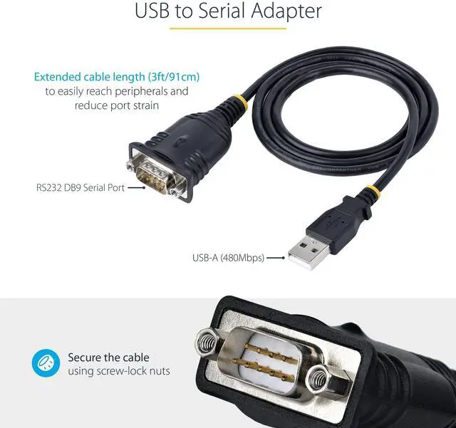 Alt view image 3 of 7 - 3ft (1m) USB to Serial Cable, DB9 Male RS232 to USB Converter, Prolific IC, USB to Serial Adapter for PLC/Printer/Scanner/Switch, USB to COM Port Adapter, Windows/Mac (1P3FP-USB-SERIAL)