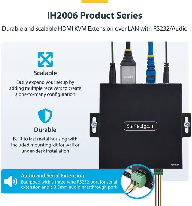 Alt view image 7 of 11 - StarTech HDMI KVM Receiver Over IP Network for the IH2006 Product Series, 4K 60Hz, Driverless, AVoIP, Includes Mounting Kit, Receiver Only IH2006-KVM-RX