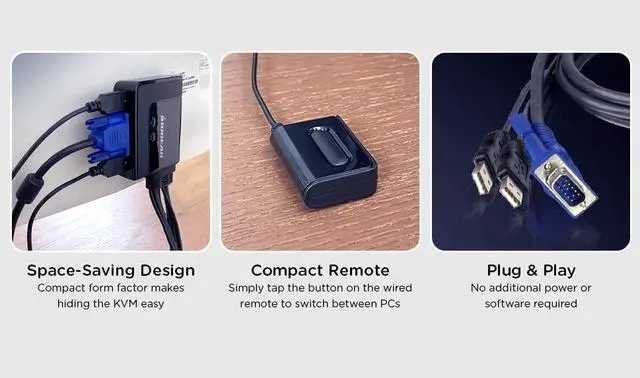 Alt view image 3 of 4 - 2-Port USB VGA Cabled KVM Switch - 2048 x 1536 - Remote Button Switch - Plug n Play - PC, MAC, SUN - GCS22U