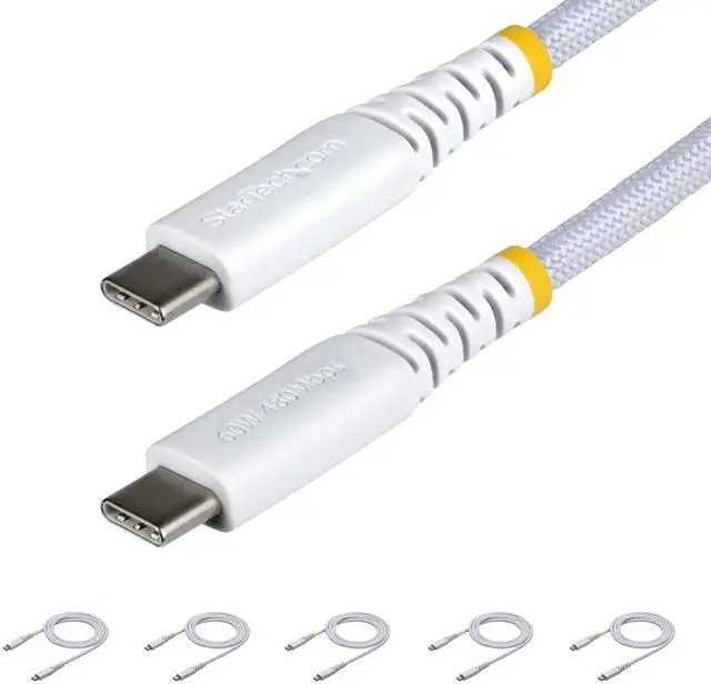Main image of StarTech.com 5-Pack 3ft (91cm) White USB-C Charging Cable, 60W (3A) PD, Dual-Layer Braided Nylon/TPE Jacket, Rugged USB C Cord