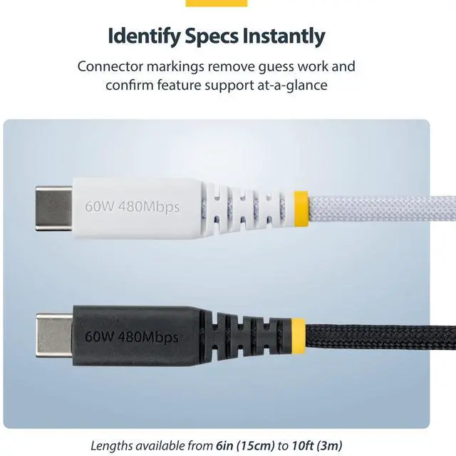 Alt view image 5 of 12 - StarTech.com 5-Pack 3ft (91cm) White USB-C Charging Cable, 60W (3A) PD, Dual-Layer Braided Nylon/TPE Jacket, Rugged USB C Cord