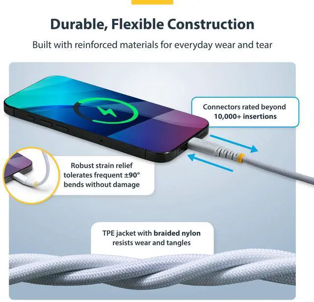 Alt view image 4 of 12 - StarTech.com 5-Pack 3ft (91cm) White USB-C Charging Cable, 60W (3A) PD, Dual-Layer Braided Nylon/TPE Jacket, Rugged USB C Cord