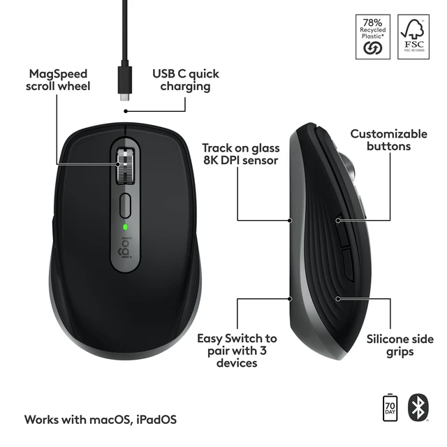 Alt view image 6 of 7 - MX Anywhere 3S Mac Compact Wireless Mouse 8K DPI - Space Grey | MagSpeed Scrolling,8K DPI, Quiet Clicks, Programmable Buttons, MacBook Pro, MacBook Air, iMac, iPad models, USB-C, Bluetooth