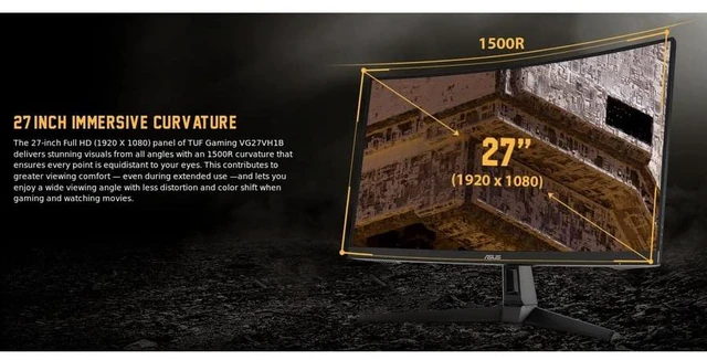 Alt view image 2 of 7 - TUF Gaming VG27VH1B 27 Curved Monitor, 1080P Full HD, 165Hz (Supports 144Hz), Extreme Low Motion Blur, Adaptive-sync, FreeSync Premium, 1ms, Eye Care, HDMI D-Sub, Black