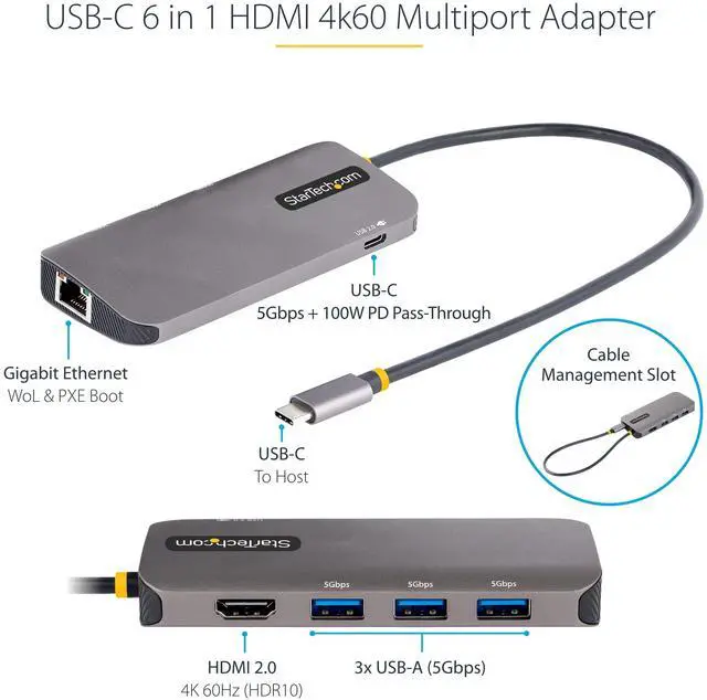Alt view image 3 of 7 - 6-in-1 USB-C Hub for Monitors, 4K 60Hz HDMI Video, HDR10, Gigabit Ethernet, USB 5Gbps Hub, 100W Laptop Charging with Cable Management for MacBook M1 M2 M3 M4 and Windows