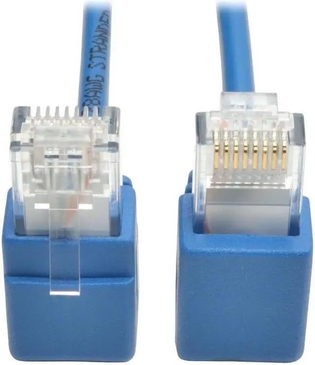 Alt view image 3 of 8 - Tripp Lite Cat6 Gigabit Snagless Molded Slim UTP Patch Cable with Right-Angle Connectors (RJ45 M/M), Blue, 1 ft. (N201-SR1-BL)