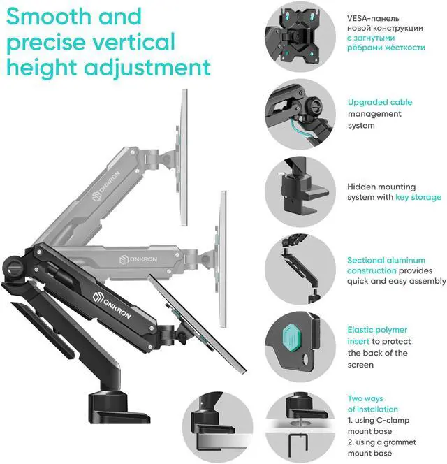 Alt view image 6 of 7 - ONKRON Monitor Arm - Full Motion Desk Mount for 13 - 34 Inch Flat or Curved Screens up to 22 lbs - Single Monitor Desk Mount - Adjustable Gas Spring Monitor Arm, VESA 75x75 100x100, Black