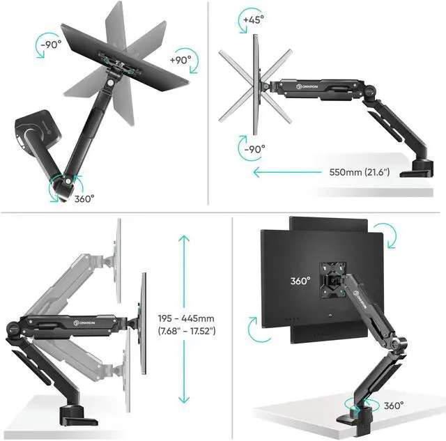 Alt view image 5 of 7 - ONKRON Monitor Arm - Full Motion Desk Mount for 13 - 34 Inch Flat or Curved Screens up to 22 lbs - Single Monitor Desk Mount - Adjustable Gas Spring Monitor Arm, VESA 75x75 100x100, Black