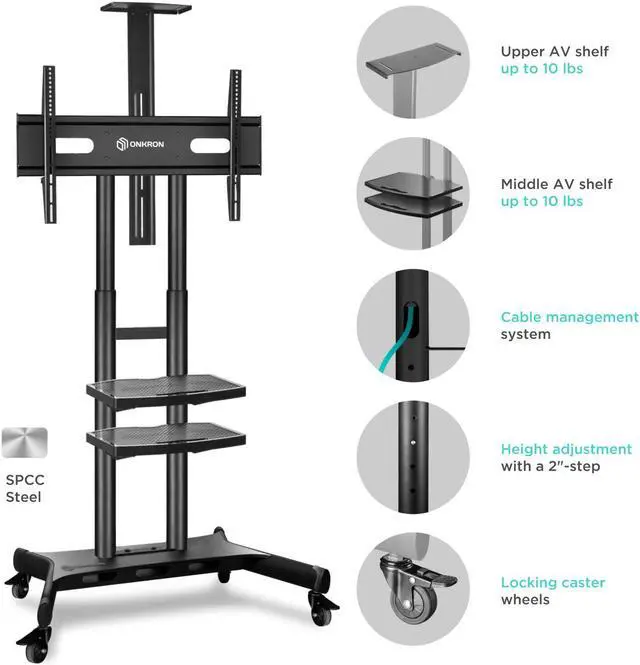 Alt view image 4 of 7 - ONKRON Mobile TV Stand with Wheels Rolling TV Stand for 50-83 Inch LED LCD Flat or Curved Screen TVs up to 200 lbs - Height Adjustable TV Cart with Shelves - max VESA 800x500 mm (TS1881) Black