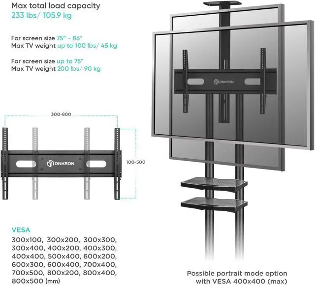 Alt view image 5 of 7 - ONKRON Mobile TV Stand with Wheels Rolling TV Stand for 50-83 Inch LED LCD Flat or Curved Screen TVs up to 200 lbs - Height Adjustable TV Cart with Shelves - max VESA 800x500 mm (TS1881) Black