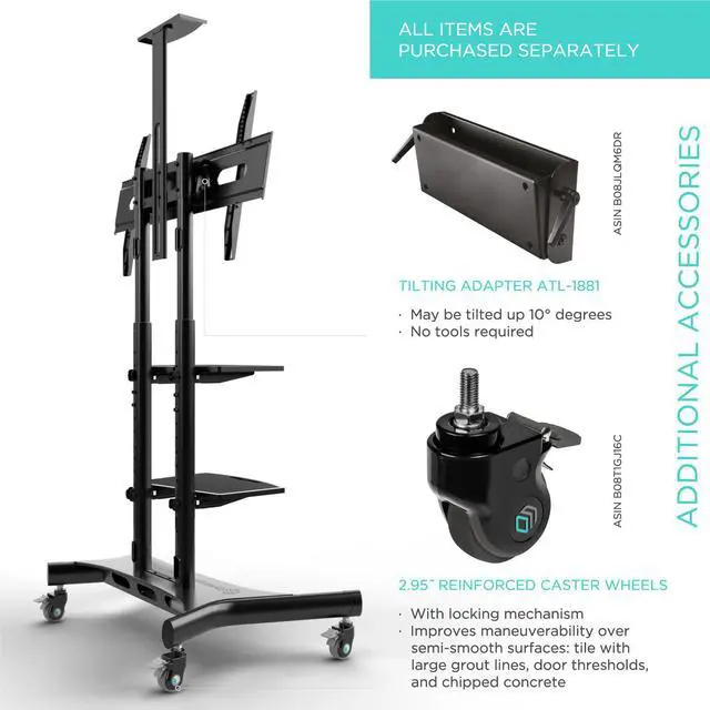 Alt view image 6 of 7 - ONKRON Mobile TV Stand with Wheels Rolling TV Stand for 50-83 Inch LED LCD Flat or Curved Screen TVs up to 200 lbs - Height Adjustable TV Cart with Shelves - max VESA 800x500 mm (TS1881) Black