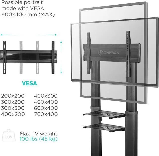 Alt view image 6 of 8 - ONKRON Mobile TV Stand with Wheels Rolling TV Stand for 40-80 Inch LED LCD Flat or Curved Screen TVs up to 122 lbs - Height Adjustable TV Cart with Shelves - Portable TV Stand (TS2771) Black
