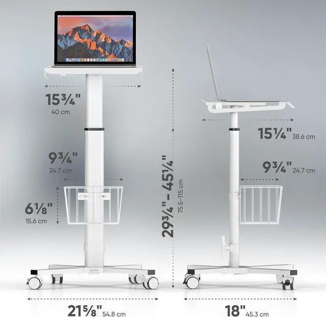Alt view image 3 of 7 - ONKRON Rolling Laptop Stand - Computer Cart With Wheels - Standing Desk On Wheels - Foot Pedal Pneumatic Height Adjustable Table On Wheels - Utility Medical Cart - Desk Load up to 17.6 Lbs, White