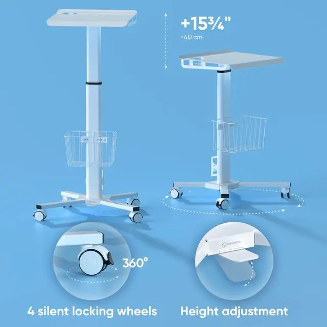 Alt view image 5 of 7 - ONKRON Rolling Laptop Stand - Computer Cart With Wheels - Standing Desk On Wheels - Foot Pedal Pneumatic Height Adjustable Table On Wheels - Utility Medical Cart - Desk Load up to 17.6 Lbs, White