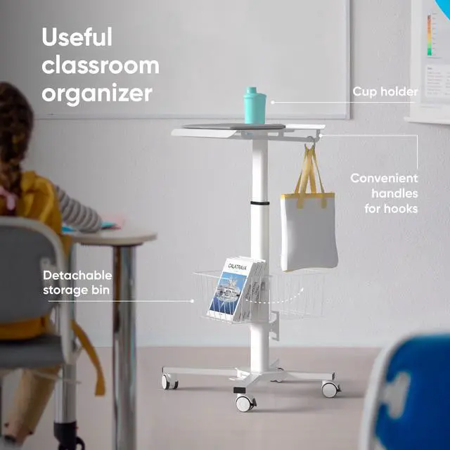 Alt view image 7 of 7 - ONKRON Rolling Laptop Stand - Computer Cart With Wheels - Standing Desk On Wheels - Foot Pedal Pneumatic Height Adjustable Table On Wheels - Utility Medical Cart - Desk Load up to 17.6 Lbs, White