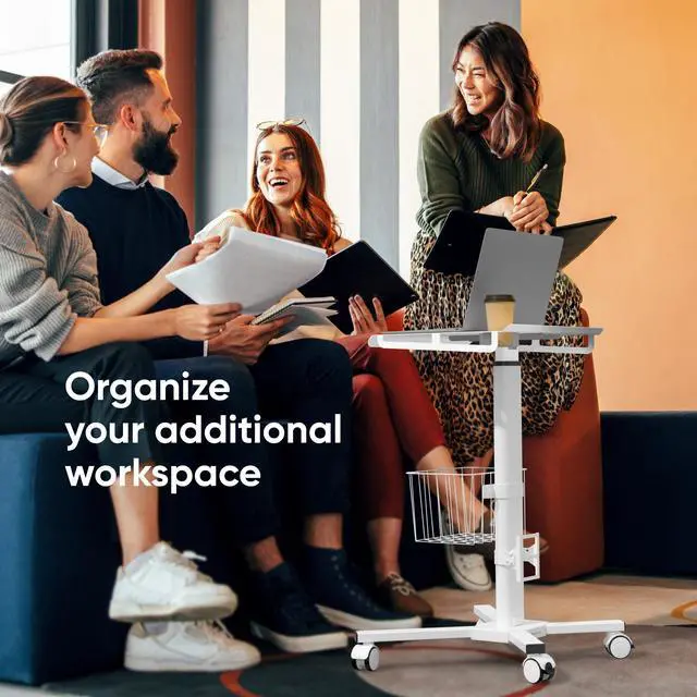Alt view image 2 of 7 - ONKRON Rolling Laptop Stand - Computer Cart With Wheels - Standing Desk On Wheels - Foot Pedal Pneumatic Height Adjustable Table On Wheels - Utility Medical Cart - Desk Load up to 17.6 Lbs, White
