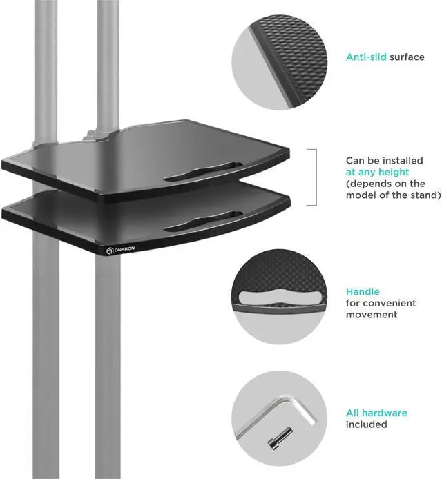 Alt view image 4 of 7 - ONKRON Equipment Tray for Mobile TV Stand TV Cart TS1881 Height Adjustable Shelf Black -APT1881