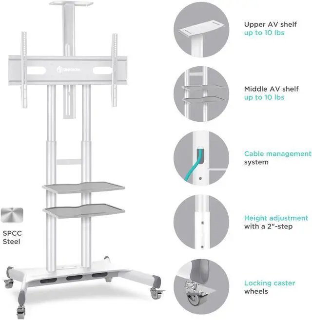 Alt view image 5 of 7 - ONKRON Mobile TV Stand with Wheels Rolling TV Stand for 50-83 Inch LED LCD Flat or Curved Screen TVs up to 200 lbs - Height Adjustable TV Cart with Shelves - max VESA 800x500 mm (TS1881) White