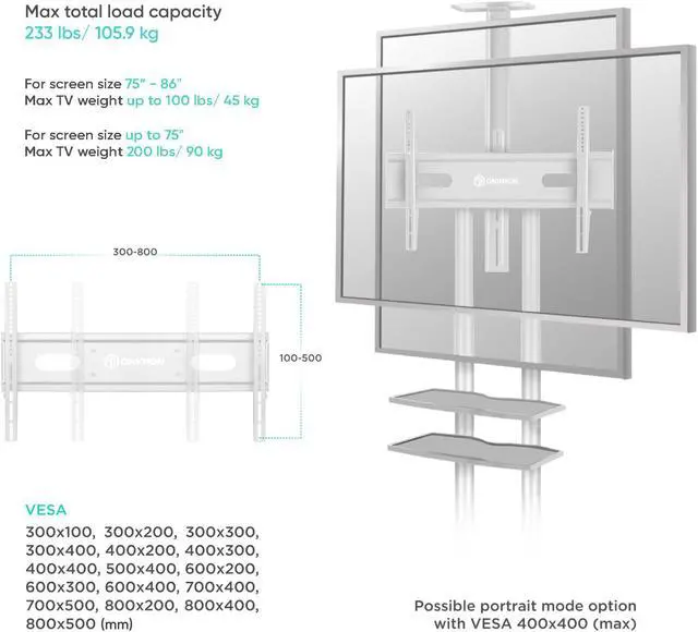 Alt view image 4 of 7 - ONKRON Mobile TV Stand with Wheels Rolling TV Stand for 50-83 Inch LED LCD Flat or Curved Screen TVs up to 200 lbs - Height Adjustable TV Cart with Shelves - max VESA 800x500 mm (TS1881) White