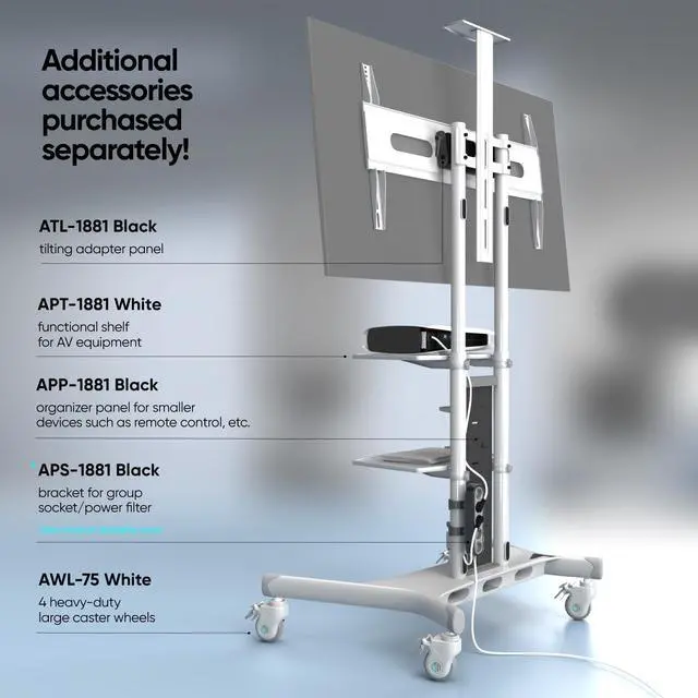 Alt view image 6 of 7 - ONKRON Mobile TV Stand with Wheels Rolling TV Stand for 50-83 Inch LED LCD Flat or Curved Screen TVs up to 200 lbs - Height Adjustable TV Cart with Shelves - max VESA 800x500 mm (TS1881) White