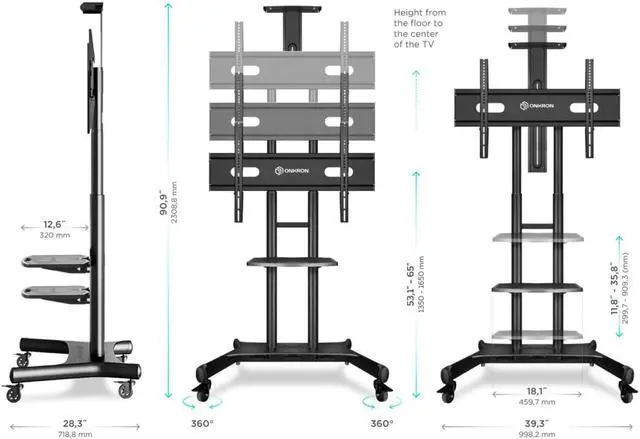 Alt view image 2 of 7 - ONKRON Mobile TV Stand with Wheels Rolling TV Stand for 50-83 Inch LED LCD Flat or Curved Screen TVs up to 200 lbs - Height Adjustable TV Cart with Shelves - max VESA 800x500 mm (TS1881) Black