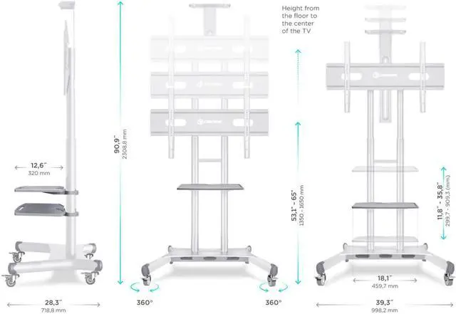 Alt view image 2 of 7 - ONKRON Mobile TV Stand with Wheels Rolling TV Stand for 50-83 Inch LED LCD Flat or Curved Screen TVs up to 200 lbs - Height Adjustable TV Cart with Shelves - max VESA 800x500 mm (TS1881) White