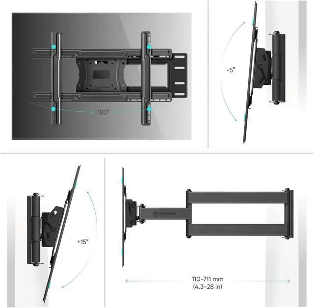 Alt view image 3 of 8 - ONKRON TV Wall Mount with Swivel and Tilt for Most 40-75 Inch TV up to 150 lbs, Full Motion TV Mount with Articulating Arms (28" Extension), TV Bracket Max VESA 600x400mm, 16 inch Studs (M7L) Black
