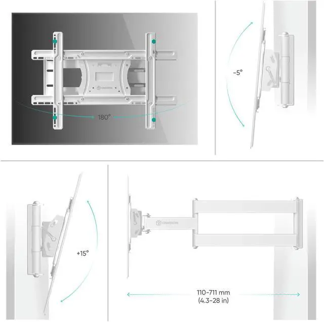Alt view image 4 of 7 - ONKRON TV Mount TV Wall Mount with Swivel and Tilt for Most 40-75 Inch TV, Full Motion TV Mount with Articulating Arms, Max VESA 600x400mm, 150 lbs. Loading, 16 inch Studs M7L White
