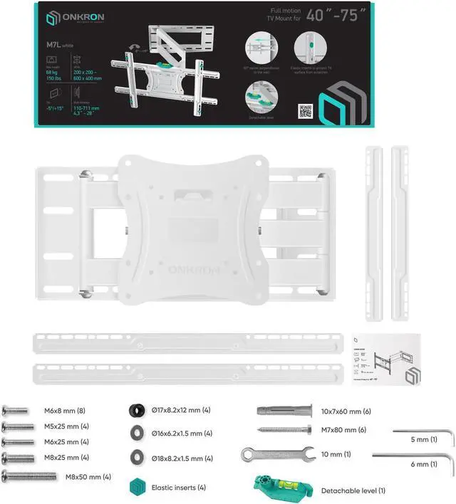 Alt view image 7 of 7 - ONKRON TV Mount TV Wall Mount with Swivel and Tilt for Most 40-75 Inch TV, Full Motion TV Mount with Articulating Arms, Max VESA 600x400mm, 150 lbs. Loading, 16 inch Studs M7L White