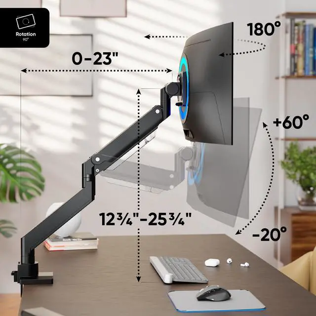 Alt view image 2 of 7 - ONKRON Heavy Duty Monitor Arm for 17 - 57 Inch Screen up to 59.4 lbs, Ultrawide Monitor Mount with Gas Spring, VESA 75x75 - 200x200, Single Arm Screen Mount for Desk Swivel, Tilt, Rotation Black
