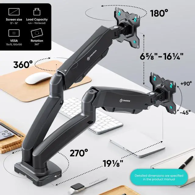 Alt view image 2 of 7 - ONKRON Dual Monitor Mount for Two 13 - 32 Inch Screens up to 17.6 lbs (x2), Gas Spring Dual Monitor Arm Stand, VESA 75x75 & 100x100, Adjustable Double Monitor Mount with Swivel, Tilt, Rotation Black