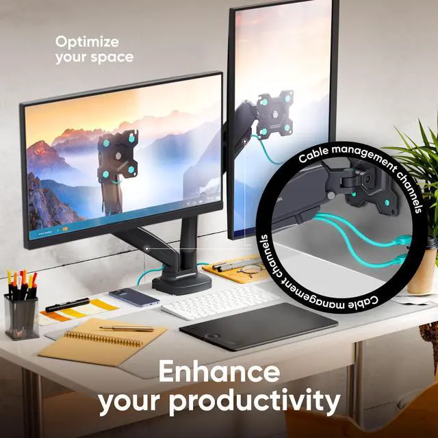 Alt view image 6 of 7 - ONKRON Dual Monitor Mount for Two 13 - 32 Inch Screens up to 17.6 lbs (x2), Gas Spring Dual Monitor Arm Stand, VESA 75x75 & 100x100, Adjustable Double Monitor Mount with Swivel, Tilt, Rotation Black