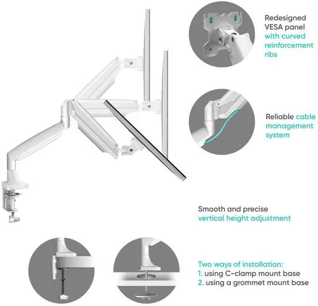 Alt view image 4 of 7 - ONKRON Dual Monitor Mount for Two 13 - 32 Inch Screens up to 19.8 lbs (x2), Gas Spring Dual Monitor Arm Stand, VESA 75x75 - 100x100, Articulating Double Monitor Mount with Swivel, Tilt, Rotation White
