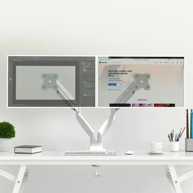 Alt view image 2 of 7 - ONKRON Dual Monitor Mount for Two 13 - 32 Inch Screens up to 19.8 lbs (x2), Gas Spring Dual Monitor Arm Stand, VESA 75x75 - 100x100, Articulating Double Monitor Mount with Swivel, Tilt, Rotation White