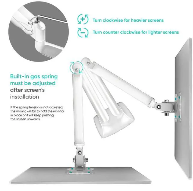 Alt view image 5 of 7 - ONKRON Dual Monitor Mount for Two 13 - 32 Inch Screens up to 19.8 lbs (x2), Gas Spring Dual Monitor Arm Stand, VESA 75x75 - 100x100, Articulating Double Monitor Mount with Swivel, Tilt, Rotation White