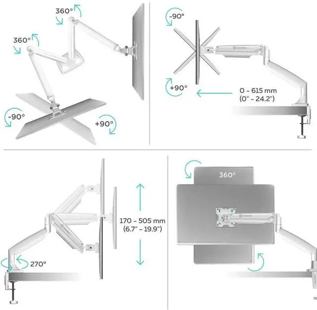 Alt view image 3 of 7 - ONKRON Dual Monitor Mount for Two 13 - 32 Inch Screens up to 19.8 lbs (x2), Gas Spring Dual Monitor Arm Stand, VESA 75x75 - 100x100, Articulating Double Monitor Mount with Swivel, Tilt, Rotation White