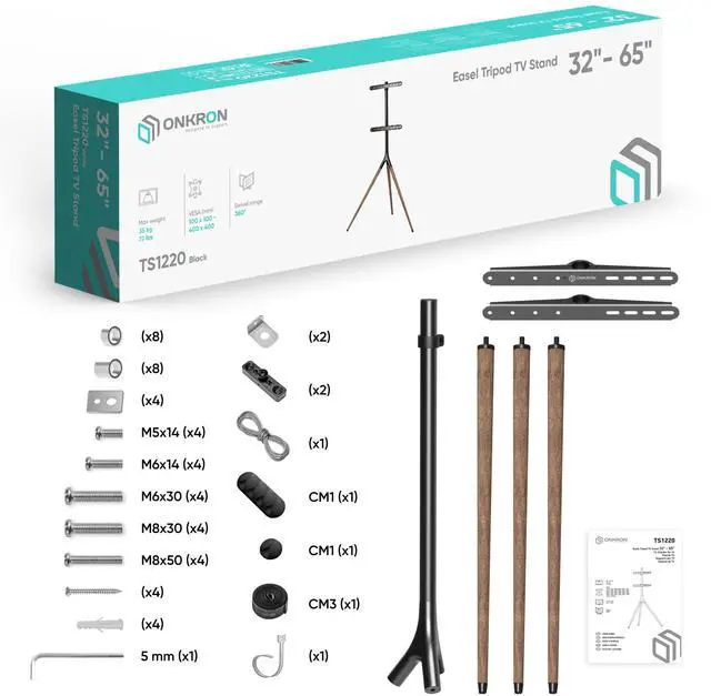 Alt view image 7 of 7 - ONKRON Easel TV Stand for 32 - 65 Inch Screen up to 77 lbs, Height Adjustable TV Stand Swivel 360°, max VESA 400x400 Wooden TV Tripod Stand Floor Standing / Universal Floor Television Stand Black