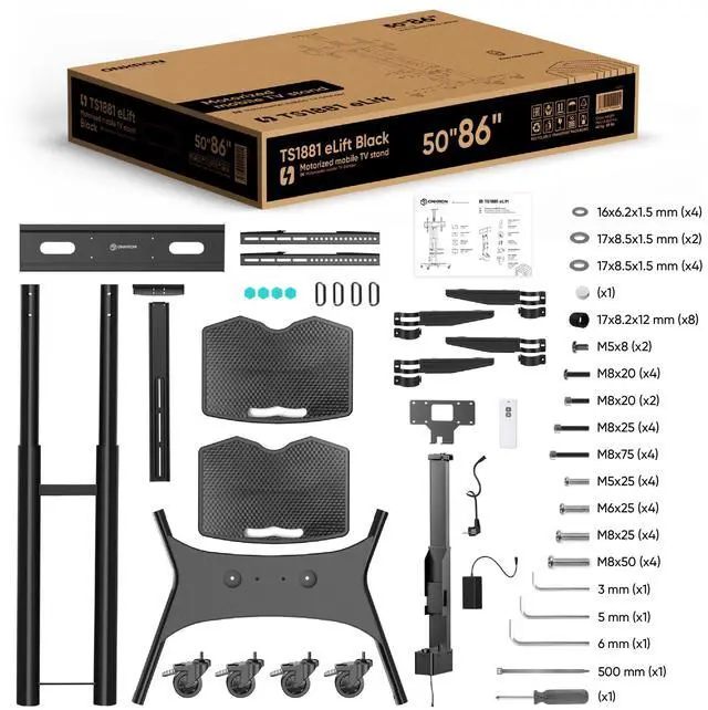 Alt view image 7 of 7 - ONKRON Motorized TV Stand with Wheels for 50 - 86 Inch TVs up to 200 lbs, TV Portable Stand Adjustable Height with Remote Control, Motorized Lift max VESA 800x500 Mobile TV Cart Rolling TV Stand Black