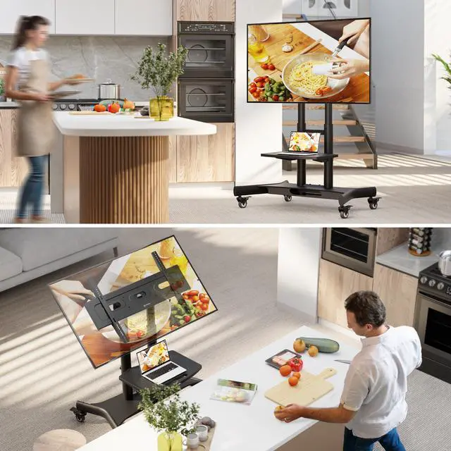 Alt view image 4 of 7 - ONKRON Mobile TV Stand Rolling TV Cart with Tilt & 1 Shelf for 32" 70 inch LCD LED OLED Flat Panel Plasma Screens up to 99 lbs TS1350 Black