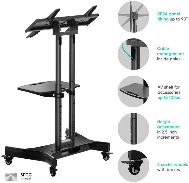 Alt view image 3 of 7 - ONKRON Mobile TV Stand Rolling TV Cart with Tilt & 1 Shelf for 32" 70 inch LCD LED OLED Flat Panel Plasma Screens up to 99 lbs TS1350 Black